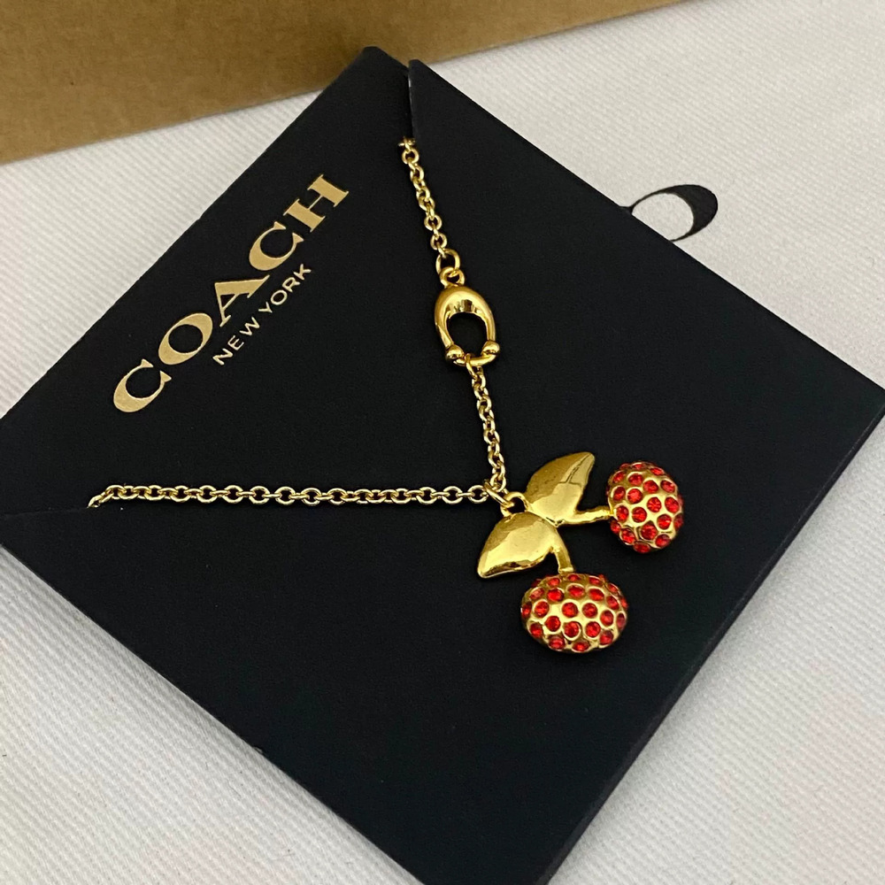 Coach Red Rhinestone Cherry Pendant Metal Necklace